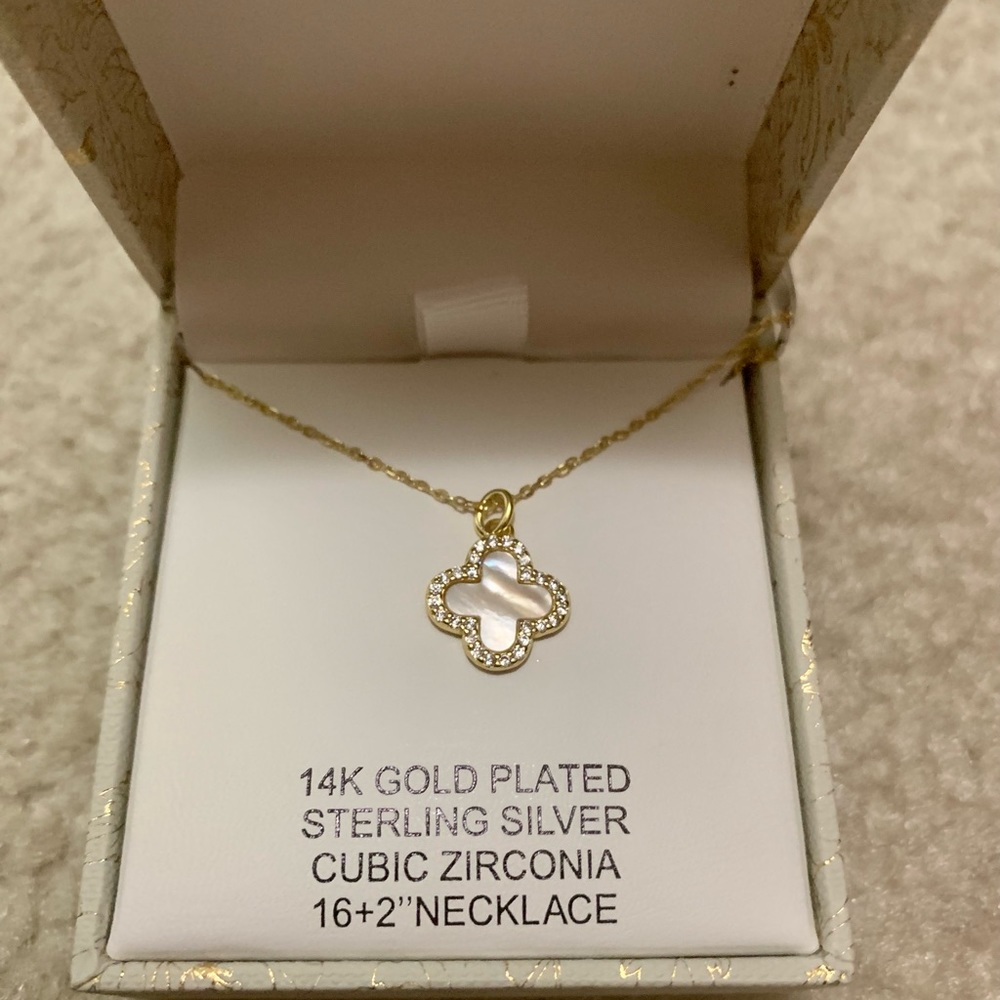 Rachel Zoe Clover Necklace Mother of Pearl 14k Gold Plated Sterling Silver CZ